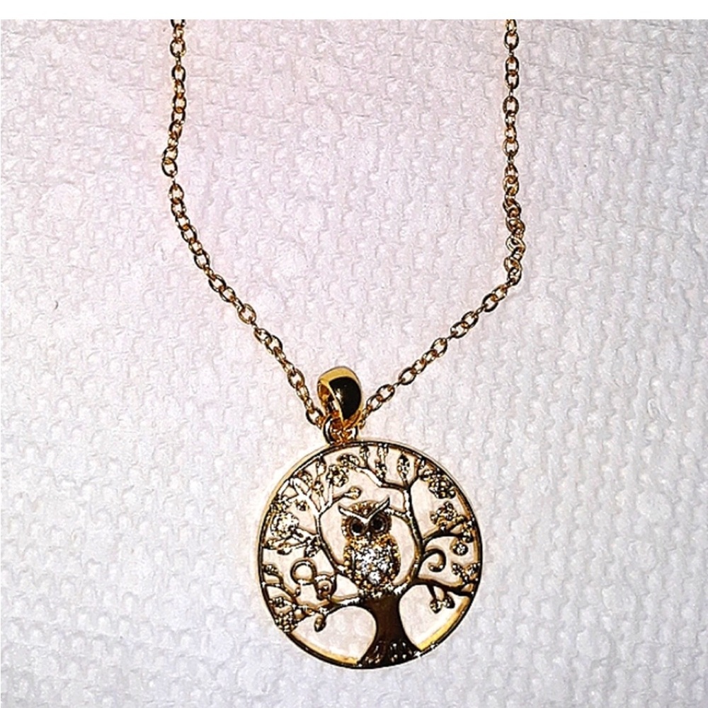 Beautiful Gold Plated Tree of Life CZ Crystal Owl Pendant Necklace NEW NWT